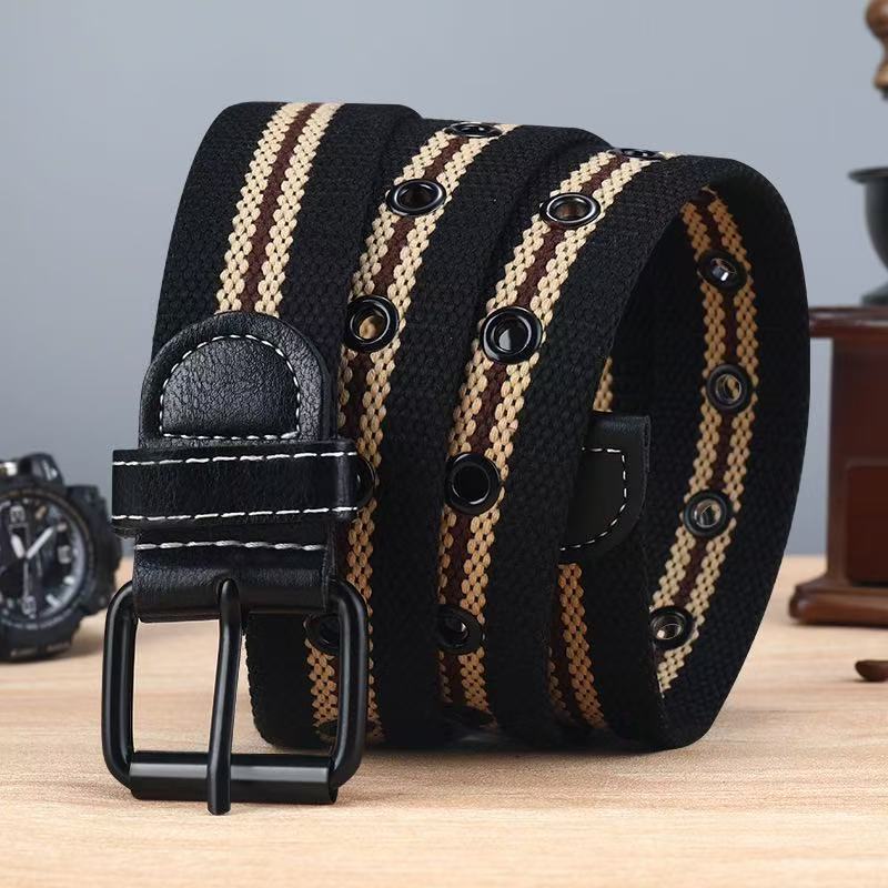 Canvas Belt for Men, Trendy Versatile Multi-Hole Belt for Female Students and Young People, Thickened Casual Belt with Geometric Elements