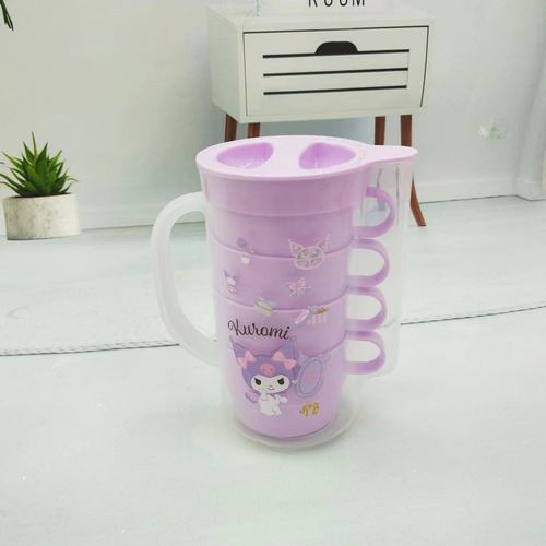 Plastic cold kettle, high temperature and heat-resistant household water cup set with lid, creative cartoon water set, cold kettle