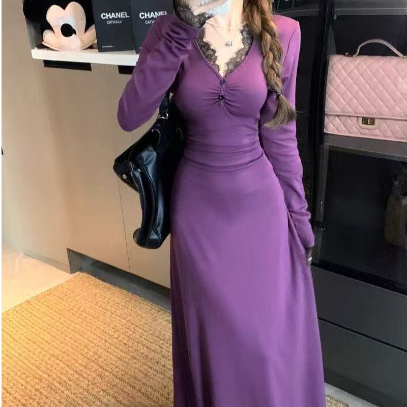 法式设计感蕾丝拼接紫色长袖连衣裙女修身内搭打底御姐包臀长裙子|undefined