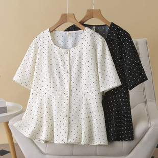 2025 Summer Fat Girl Polka Dot Shirt Short Sleeve Square Neck Waist Slim Cardigan Top Large Size Women's Shirt 921
