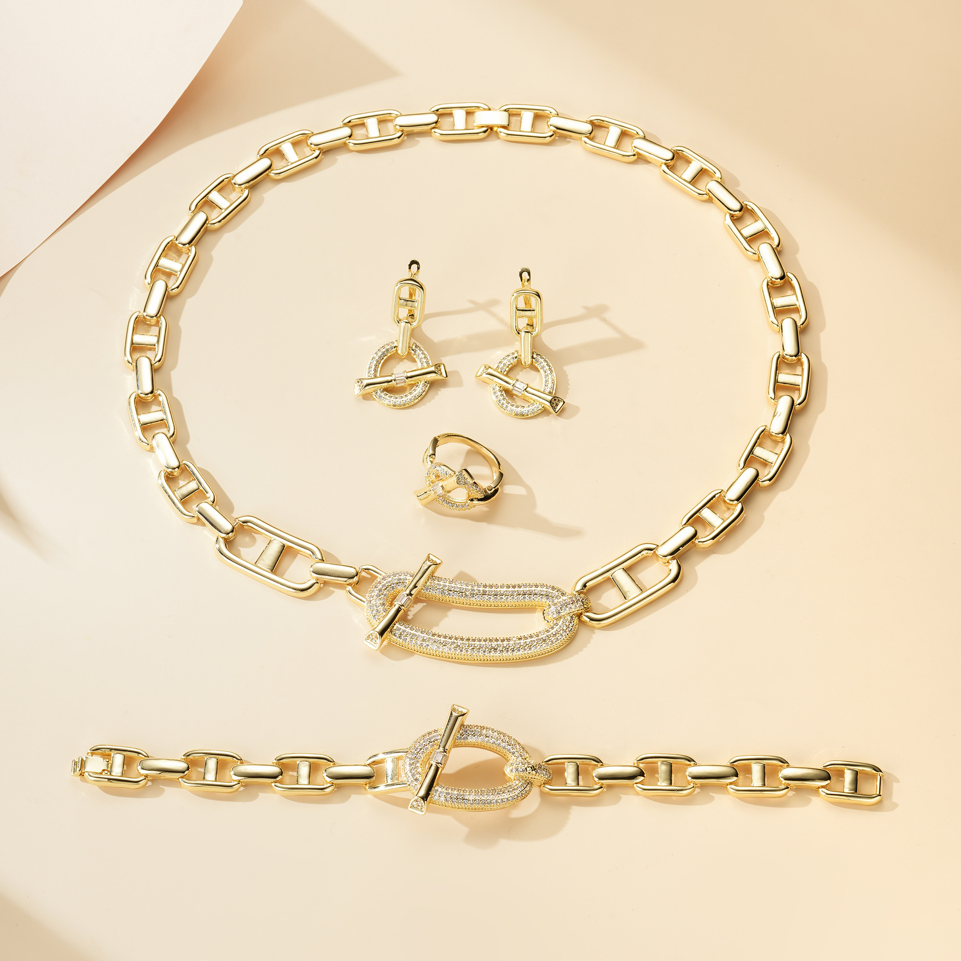 Transfronterizo de moda de alta gama cobre 14k conjunto de joyas barra transversal serie OT pulsera pendientes collar lujo ligero conjunto de cuatro piezas image 4