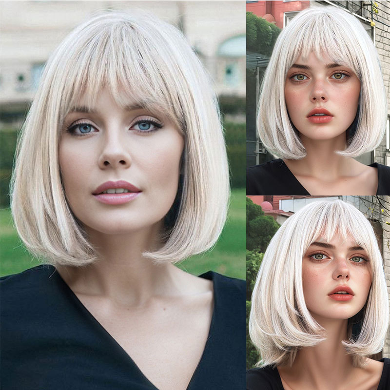 Peluca estilo europeo y americano para mujer, con flequillo recto, cabello corto beige rizado hacia adentro, peluca completa de exportación.
