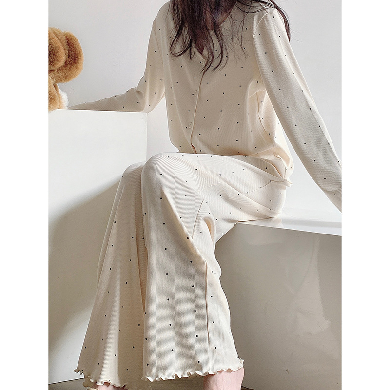 Sweet and Gentle Style Polka Dot Print Pajamas for Women, New Spring and Summer Comfortable Long-Sleeved Long-Pants Loungewear in Stock