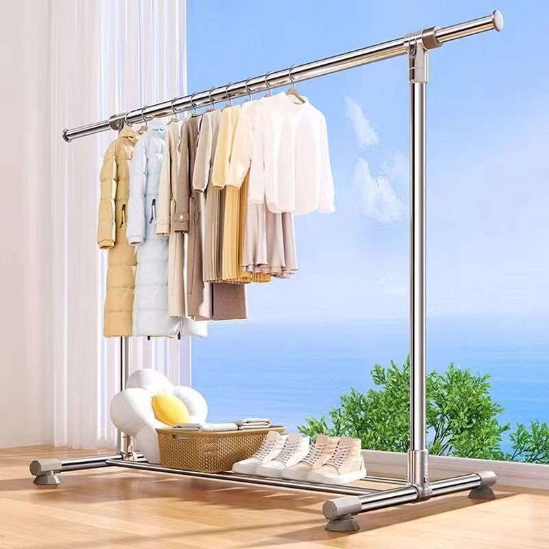 Stainless Steel Floor-Standing Clothes Drying Rack for Balcony, Thickened Household Single-Pole Telescopic Clothes Rack for Bedroom