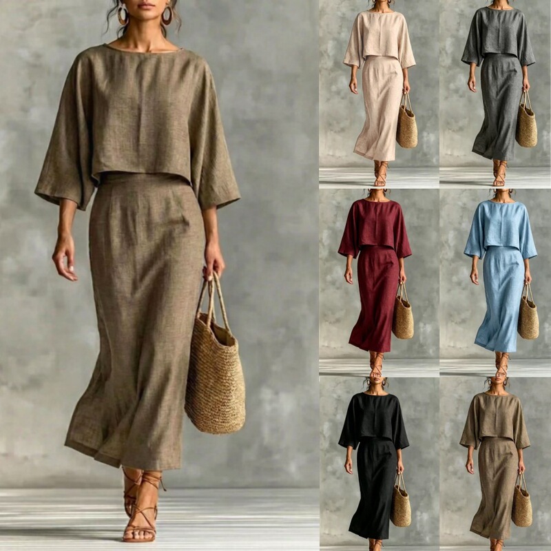 2026 European and American Cross-Border Style Women's High-Waisted Long Skirt Set with Round Neck, Three-Quarter Sleeves, Loose Top for Commuting