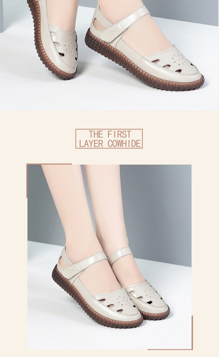 Sandal da thật nữ đế bằng mềm chống trượt, quai chữ V đơn giản, mùa hè thoáng nhẹ — Màu be chi tiết 10