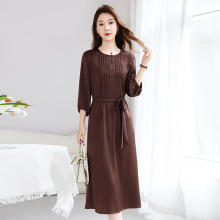 【真丝弹力双乔】简约通勤显瘦纯色圆领轻奢桑蚕丝连衣裙女1129