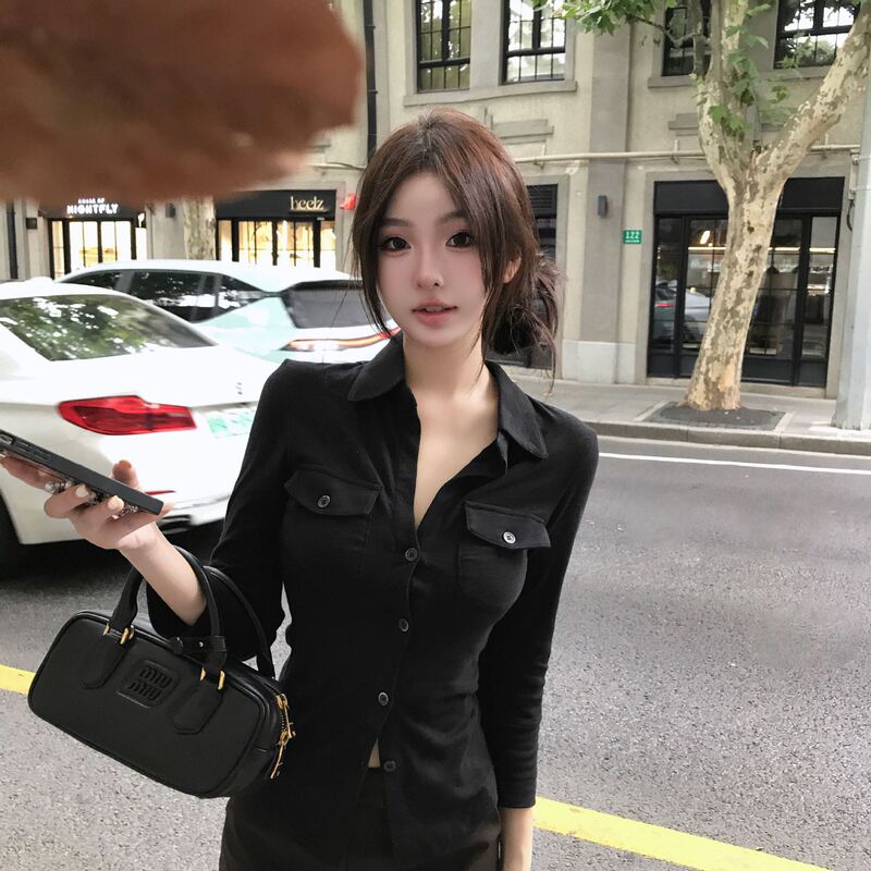 Pure Desire POLO Collar Long-sleeved Shirt Women's Autumn New Waisted Slim-fit Design Sense Niche American Sweet and Spicy Small Top