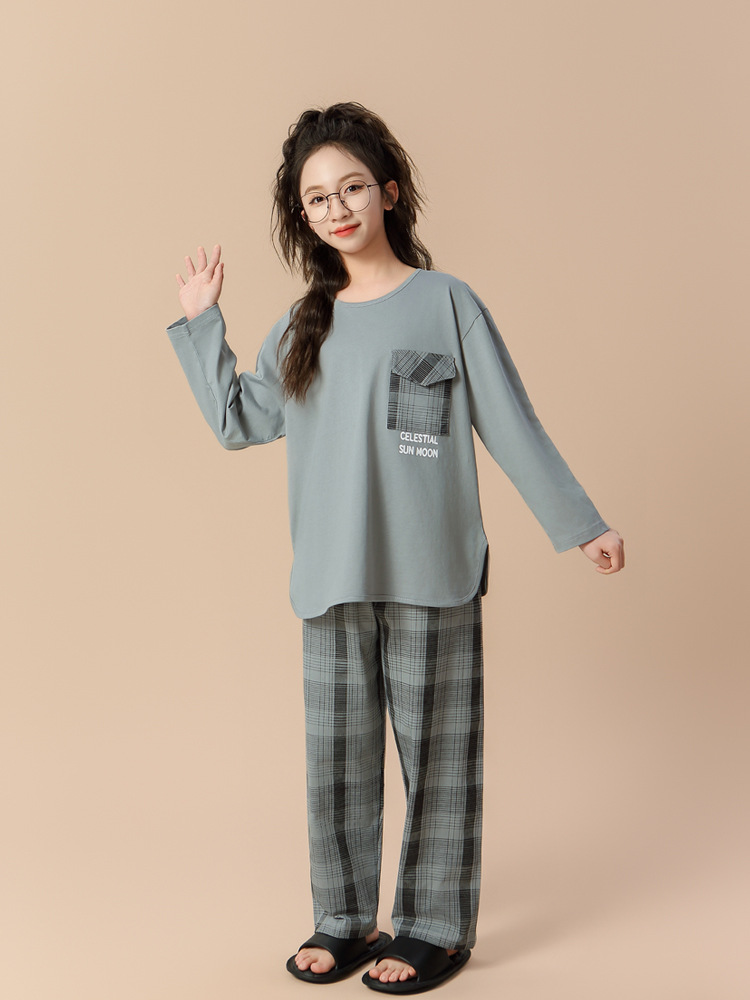 Nueva primavera y otoño algodón de manga larga para niñas estudiantes de niños mayores 100% algodón conjunto de ropa de casa a rejilla