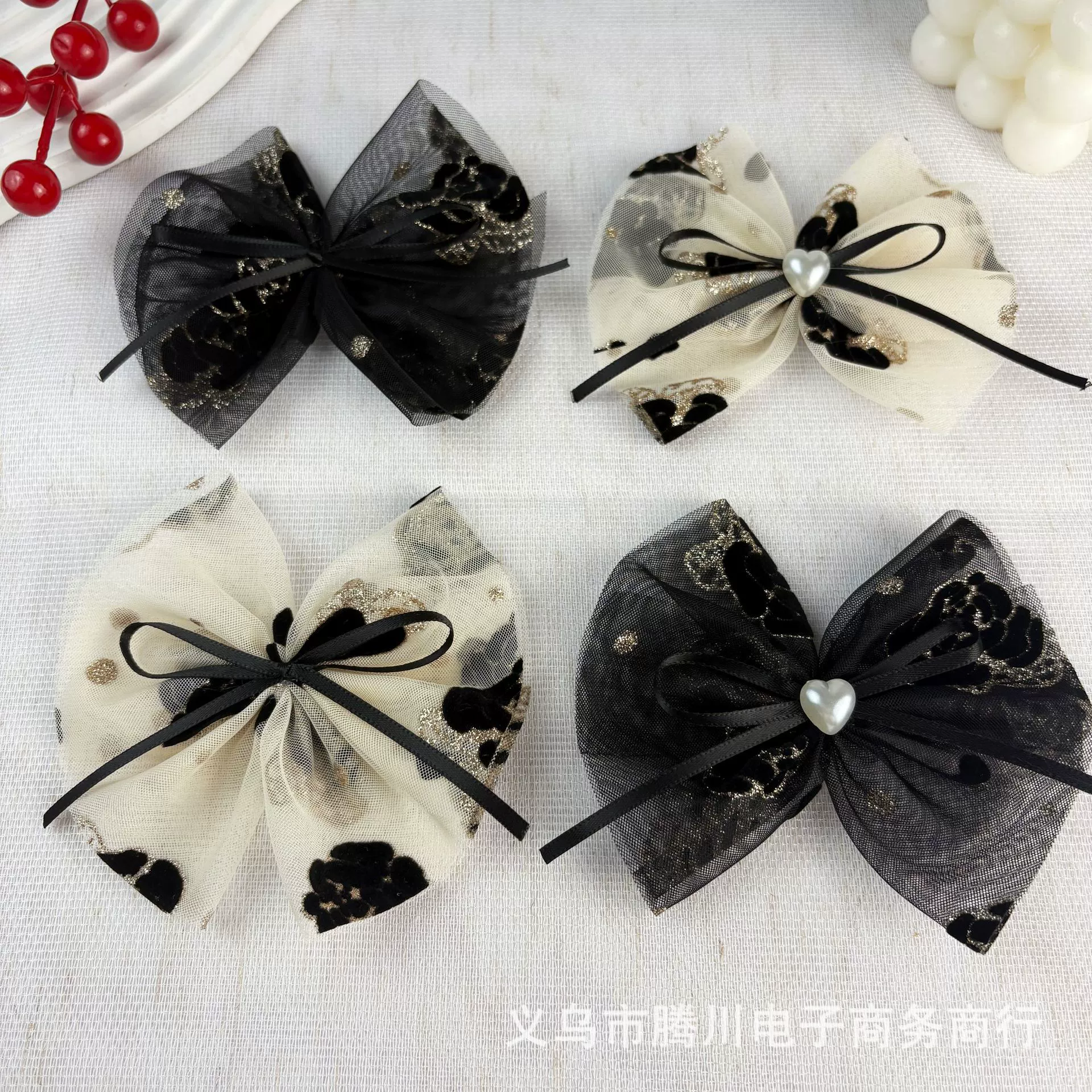 Кружевные сетчатые жемчужные банты черные, ручная работа, украшения для волос, аксессуары для одежды, оптом