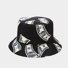 創意美元印花圖案外貿女遮陽帽子街頭個性嘻哈盆帽潮男平頂漁夫帽