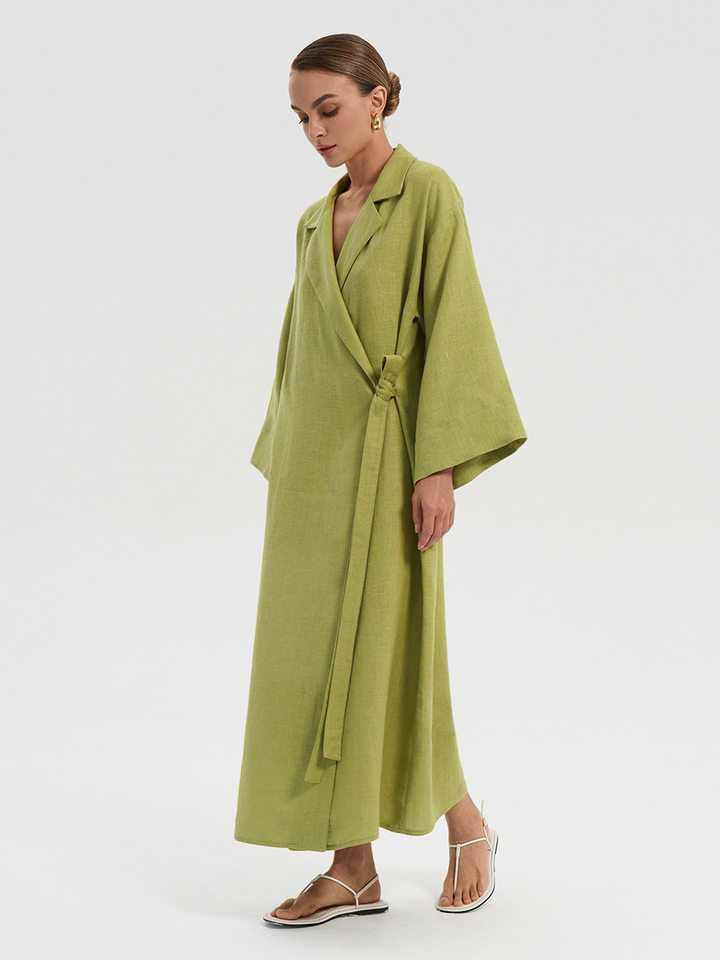 Đầm dài nữ chất liệu cotton lanh, cổ chữ V ve áo, tay dài, dáng rộng thắt dây — Xanh trái cây, Đỏ tươi chi tiết 51