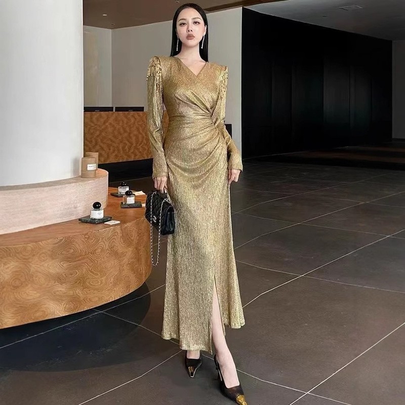 法式轻奢晚礼服长款2025女装复古长袖V领纯色开叉鱼尾包臀连衣裙|undefined