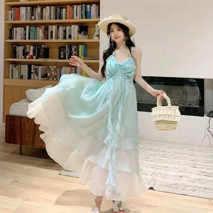 Beach Vacation Style Gradient Color Dress 2026 Summer Stunning Halter Neck Mini Dress Backless Beach Spaghetti Strap Long Dress