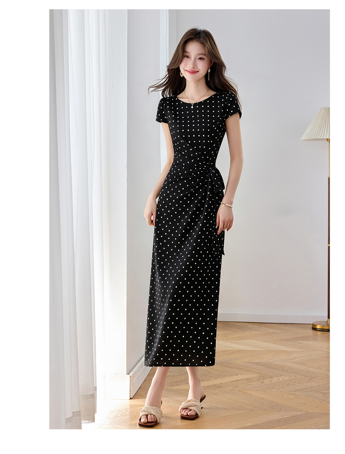 Đầm maxi nữ thắt eo tay ngắn họa tiết chấm bi phong cách nghỉ dưỡng — màu đen, màu trắng chi tiết 21