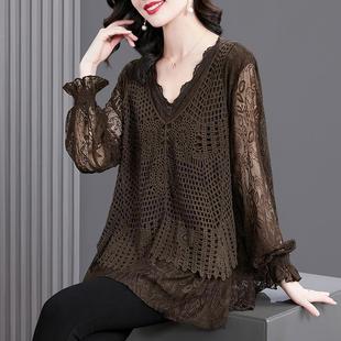 Knitted Base Shirt for Women, Spring 2025 New Style, Plus-Size Loose T-Shirt Top, Elegant Commuter Style Lace Shirt