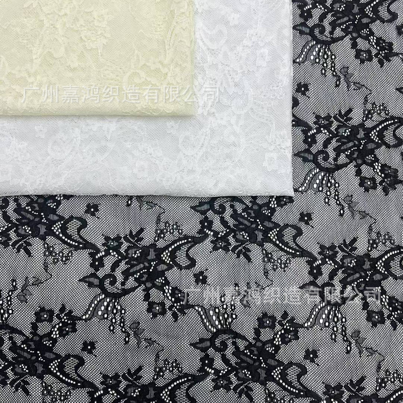 2026 tejido de encaje de manga larga plegado para usar camiseta de fondo tejido de encaje de albaricoque blanco y negro en stock