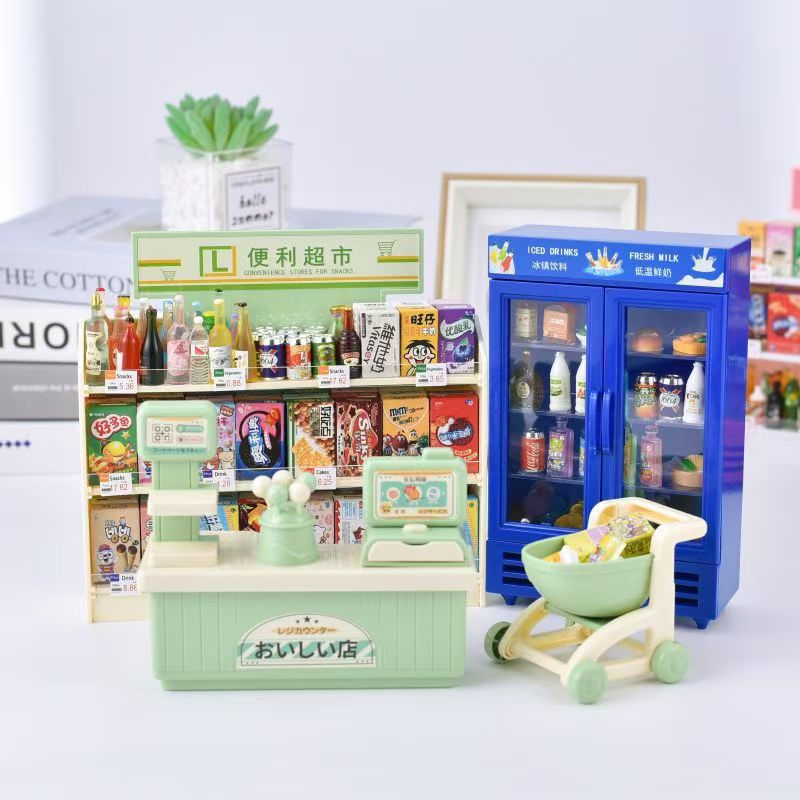 Simulación de mini miniature supermercado estante de bocadillos estante de escena de muñeca modelo de casa pequeña decoración juguetes caseros
