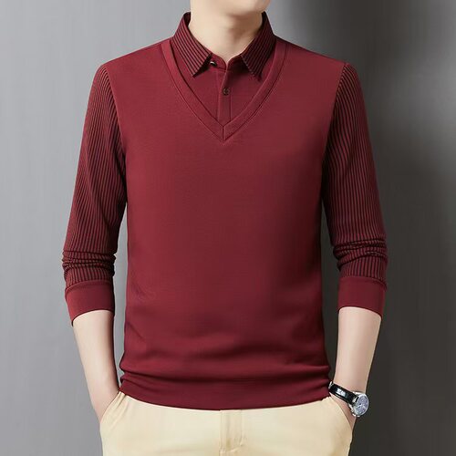 Spring and autumn long-sleeved t-shirt, men's business casual, middle-aged, father's shirt collar, fake two-piece men's striped Polo shirt