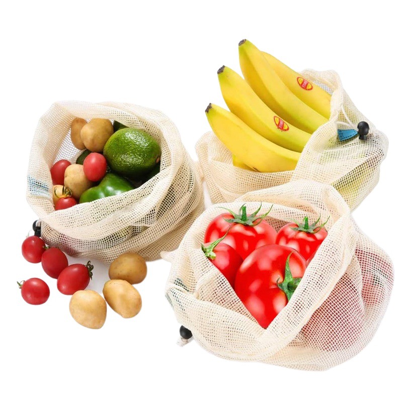 Bolsa de malla de algodón orgánico natural bolsa de cordón de malla de algodón vegetal y fruta bolsa de cordón de almacenamiento de frutas al por mayor