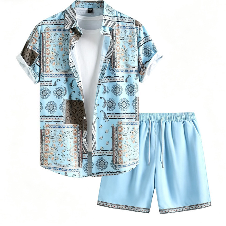 Summer Men's Light Luxury Vacation Set: Asymmetrical Color-Block Floral Short-Sleeve Shirt and Dark Green Shorts Two-Piece Beach Outfit Summer Men's Light Luxury Vacation Set: Asymmetrical Color-Block Floral Short-Sleeve Shirt and Dark Green Shorts Two-Piece Beach Outfit