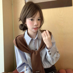 2025韩系蓝色条纹翻领长袖衬衫外套女秋季宽松休闲百搭开衫衬衣潮