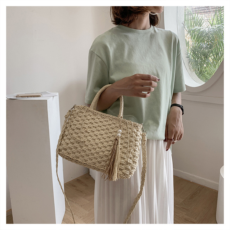 Straw Solid Color Basic Pearl Weave String Straw Bag display picture 4