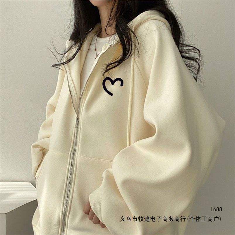 多款印花合集奶杏色连帽卫衣女早秋慵懒风oversize宽松拉链外套潮