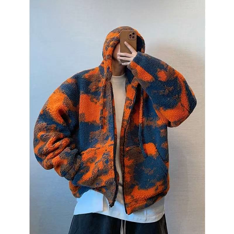 150kg Plus Size Men's Autumn and Winter Retro Handsome Orange Fire Cloud Tie-Dyed Hooded Lamb Wool Warm Thick Jacket 150kg Plus Size Men's Autumn and Winter Retro Handsome Orange Fire Cloud Tie-Dyed Hooded Lamb Wool Warm Thick Jacket