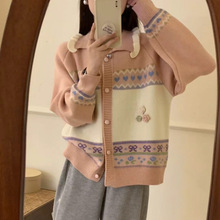 秋冬复古温柔感设计提花图案立体花朵撞色针织上衣毛衣开衫外套