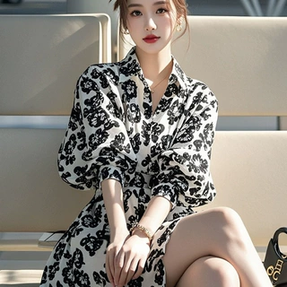 法式漂亮白色碎花长袖衬衫连衣裙2025春季洋气减龄绝美小裙子