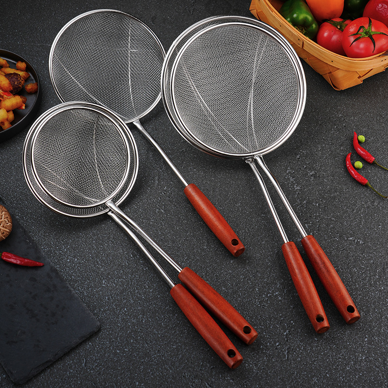 Colador de acero inoxidable, mango de madera, olla caliente doméstica, cuchara de fideos, filtro de freír de cocina, fuga de malla, colador grande, aceite de filtro