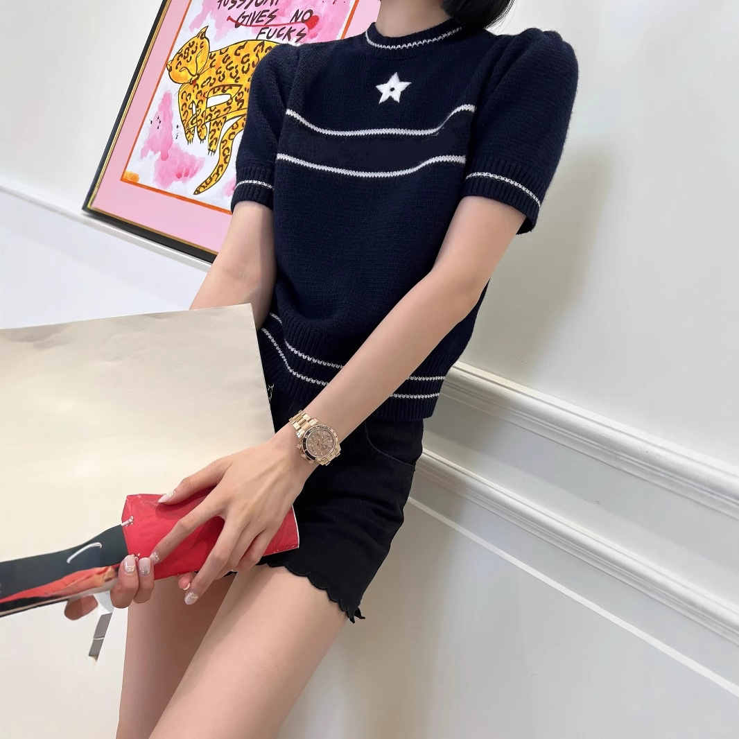 Correct Version of Classic Five-Pointed Star Letter Embroidery Color-Block Versatile Fashionable Round-Neck Knit Short-Sleeve Women's Puff Sleeve Top