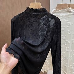 木耳边半高领薄纱打底衫女网纱长袖内搭2025春新款提花蕾丝上衣