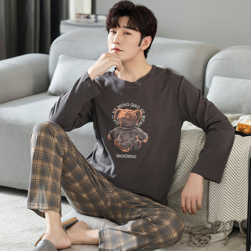 Pijamas de los hombres primavera y otoño fresco algodón manga larga delgada 2023 nuevo estilo coreano más tamaño simple juventud desgaste traje
