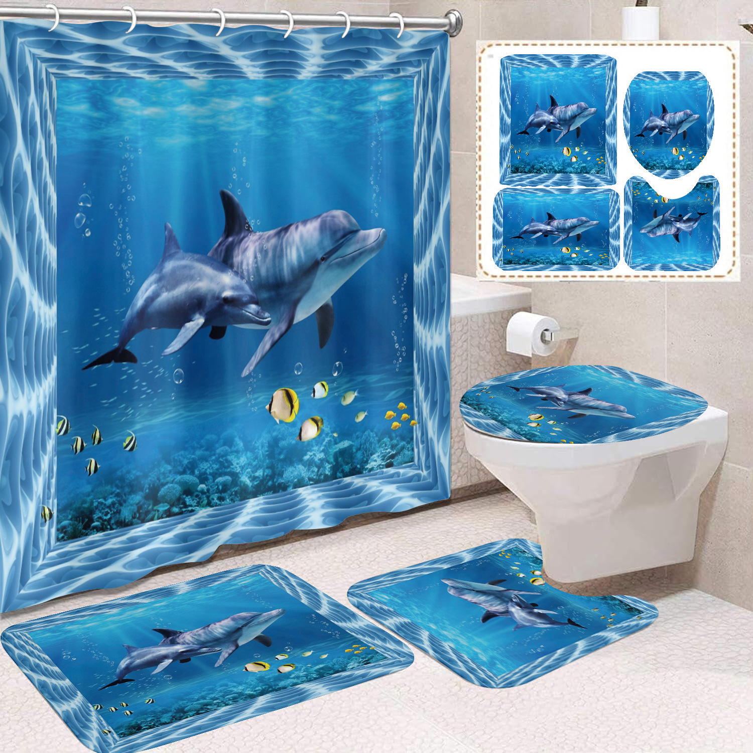 Cortina de ducha transfronteriza con diseño de delfines azules, estampada digitalmente, de poliéster, sin perforaciones, para baño, decoración del hogar