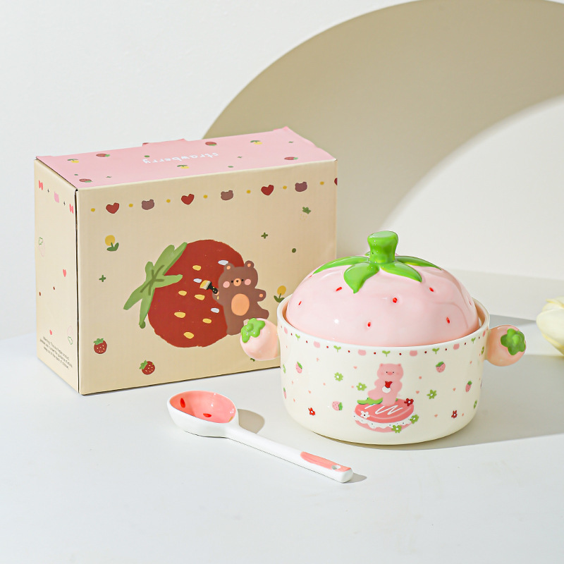 Cartoon Strawberry adorable tazón de fideos de chicas bolos de fideos caseros bolos de cerámica de doble oreja con cubierta cubierta de platos de regalo set de platos