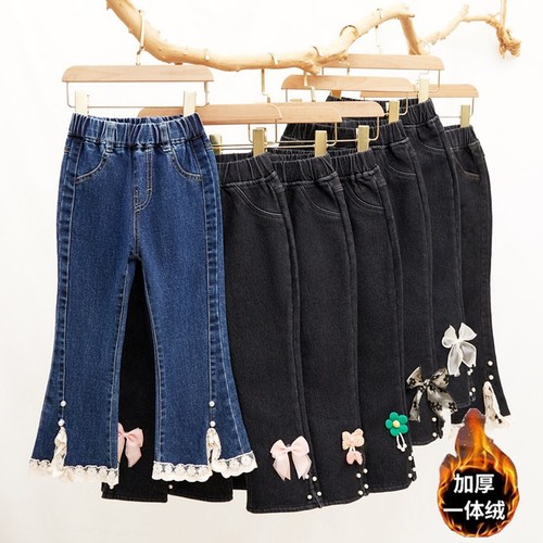 2022 winter new stretch medium and large children's all-in-one velvet girls' denim flared pants for outer wear children's warm cotton pants trendy
