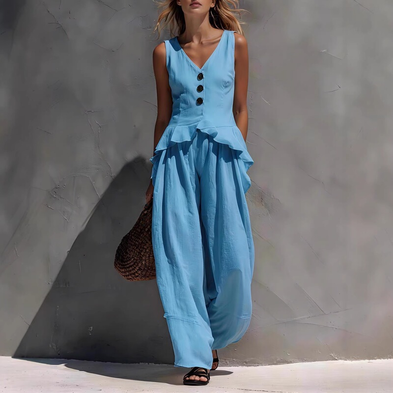2026 In-Stock Cross-Border European and American Summer Cotton-Linen Sleeveless Twist-Button V-Neck Ruffle Tank Top + Drapey Wide-Leg Pants 2026 In-Stock Cross-Border European and American Summer Cotton-Linen Sleeveless Twist-Button V-Neck Ruffle Tank Top + Drapey Wide-Leg Pants