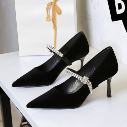 8837-A1 pointed shallow mouth single shoe with rhinestone flat strap suede fine heel high heels, daily banquet women's shoes