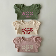 ins韓版夏裝女寶寶短袖T恤薄款洋氣泡泡袖套頭上衣女童半袖打底衫