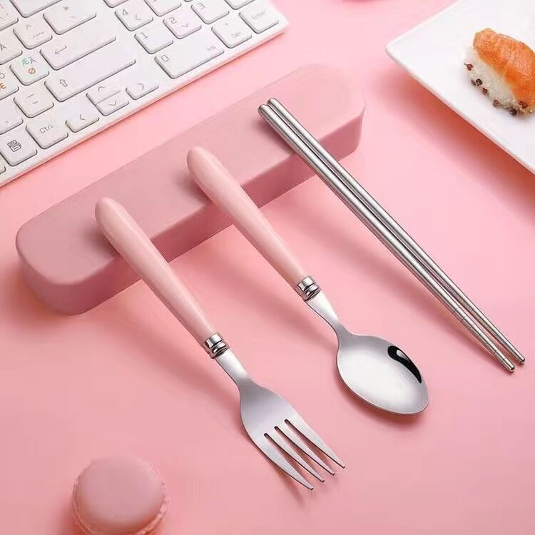 ポータブル食器セット ステンレススプーン 箸 フォーク 家庭用 学生 子供用 シンプル食器 3点セット クロスボーダー|undefined