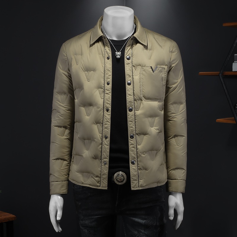 欧货高端翻领羽绒服男潮牌刺绣时尚压花修身冬季轻薄保暖大码外套