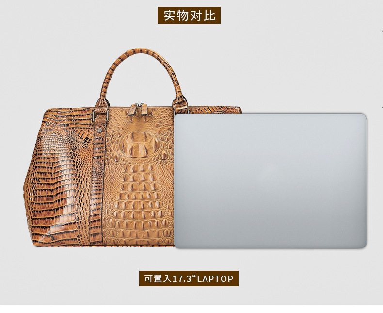 Túi du lịch nam da bò lớp đầu họa tiết cá sấu, túi hành lý cầm tay cao cấp dung tích 20–35L — Màu nâu chi tiết 14