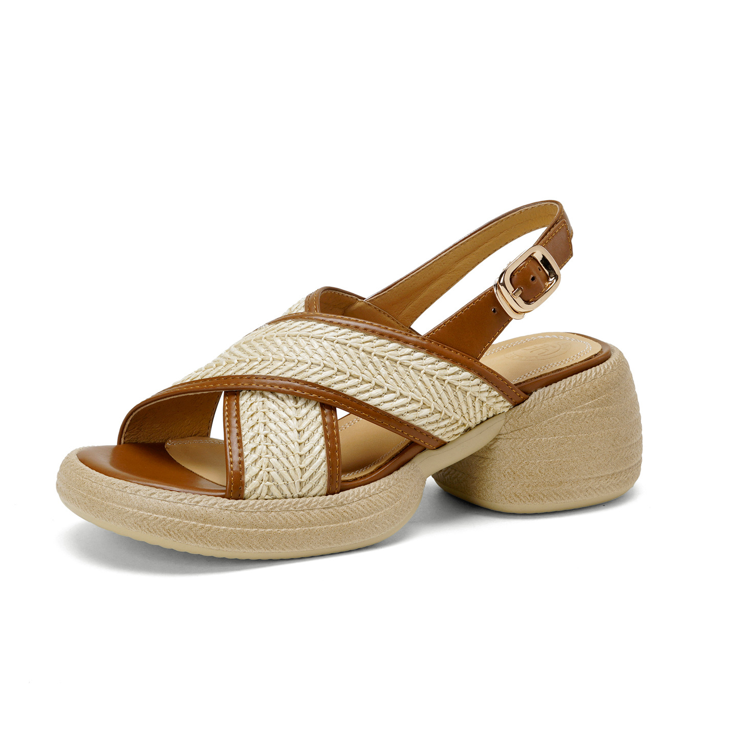 Sandal nữ cao gót mũi hở quai chéo khóa một chữ, đế dày gót thô — Màu nâu nhạt