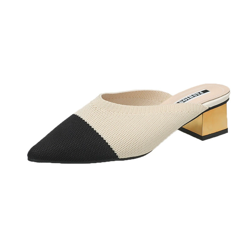 [Korean Style Women7s Fly-Woven Mid-Heel Spring and Summer New Baotou Half Slippers Pointed Toe Mule Shoes Thick Heel Outer Wear 35-41]