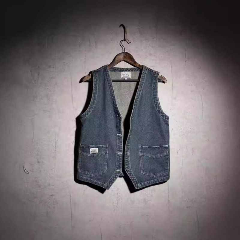 Spring and Summer Men's Denim Vest Loose Workwear Pocket Vest Retro Distressed Couple's BF Style Casual Coat Trendy