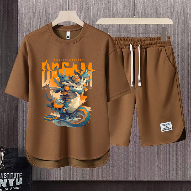 Men's Clothing 2024 Waffle Casual Summer Suit Men's Loose Teen Short sleeved T shirt Shorts Handsome Two piece Suit_desvips.com