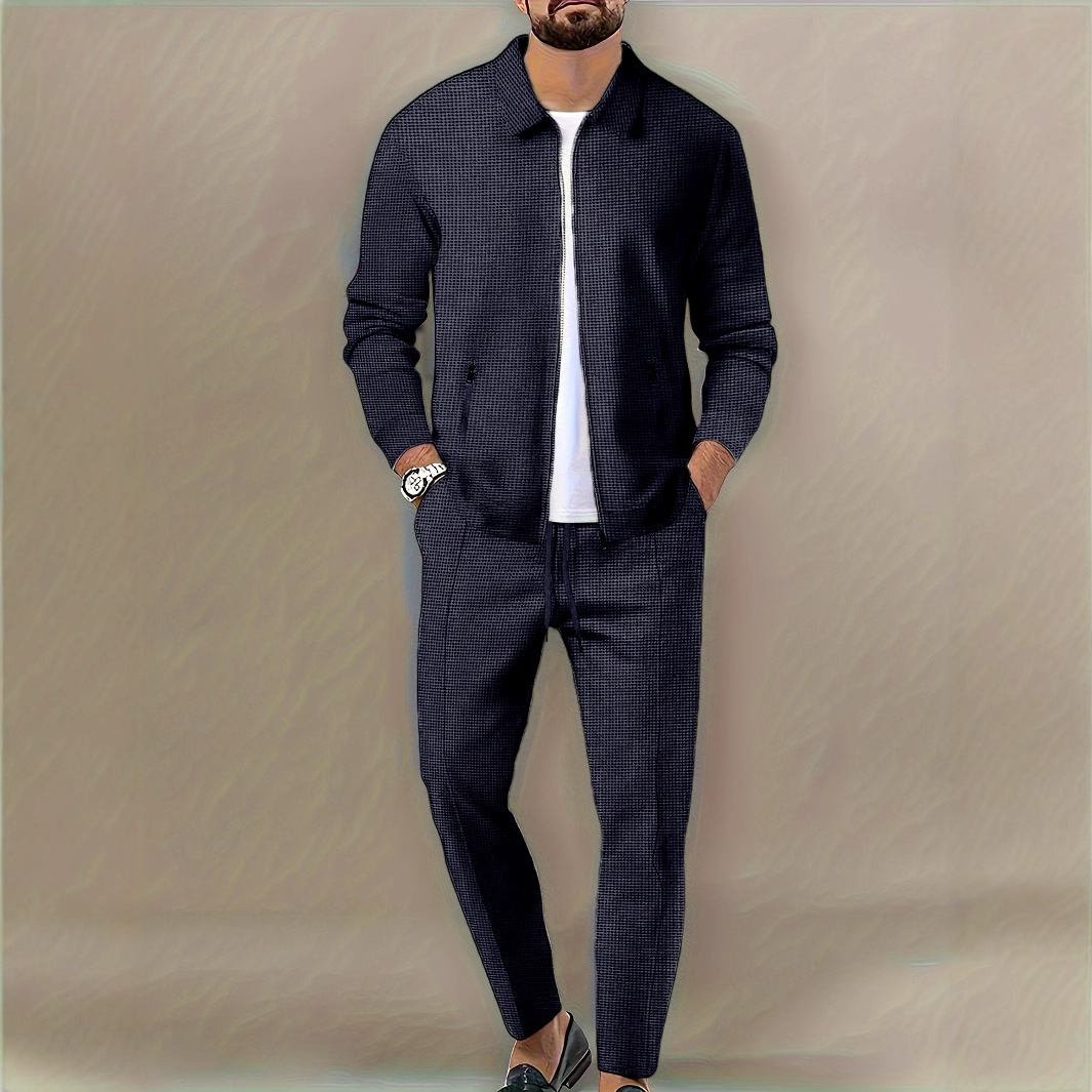 Chaqueta deportiva casual con cremallera de waffle de Amazon transfronterizo para hombres europeos y americanos, pantalones de manga larga, traje de solapa