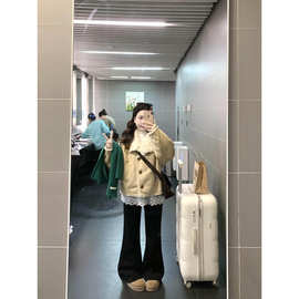 韩系廓形撞色麂皮绒羊羔毛外套女冬短款加厚时尚皮毛一体毛绒上衣